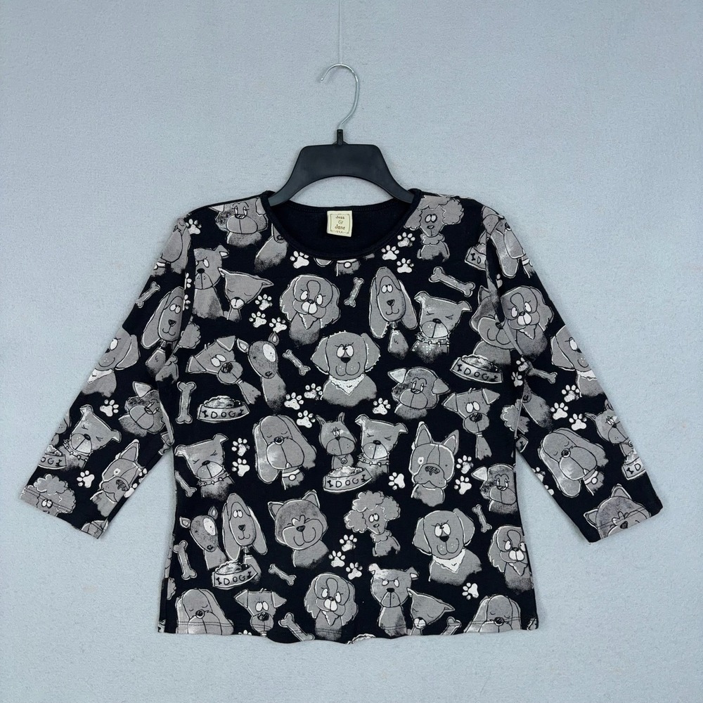 Jess & Jane Shirt Womens Medium Black Dog Medley Novelty Print Art To Wear